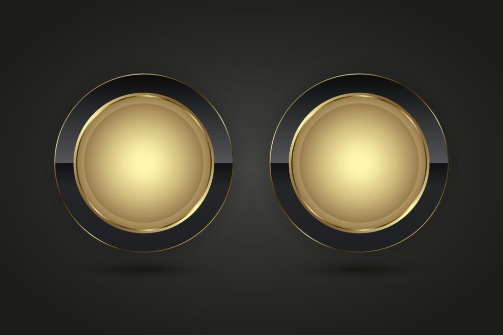 Set of 2 Luxury circles button vector infographic design. Two golden black icons on isolated dark gradient background, Double premium Vector illustration Stock Free