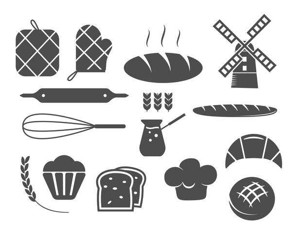 Set of bakery silhouette icons and design elements, symbols. Fresh bread, cakes logo templates. Monochrome vintage style. Cupcake emblem. Vector Stock Free