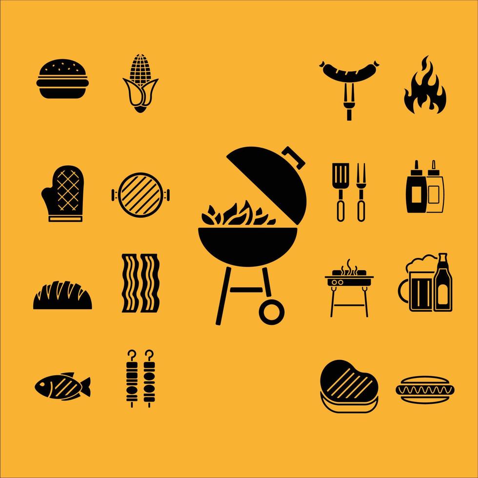 Set of barbecue icons isolate on yellow background Stock Free