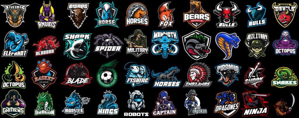 Set of colorful Esports logos, emblems. Logos of knights, horses, dragon, shark, snake, viking, baseball, bear, eagle, cowboy,tiger.Vector illustration isolated on background Free Vector