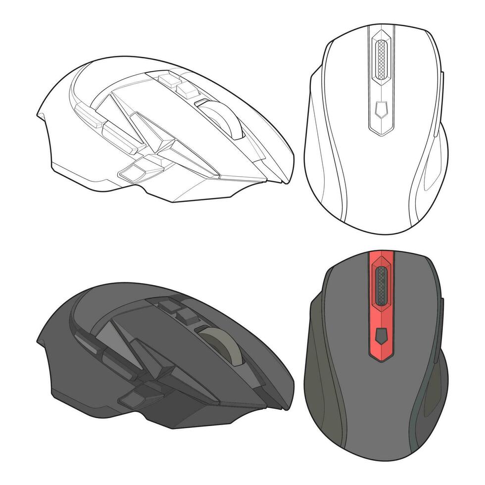 Set of coloring computer mouse outline drawing vector, Computer Mouse in a sketch style, Computer Mouse training template outline, vector Illustration. Stock Free