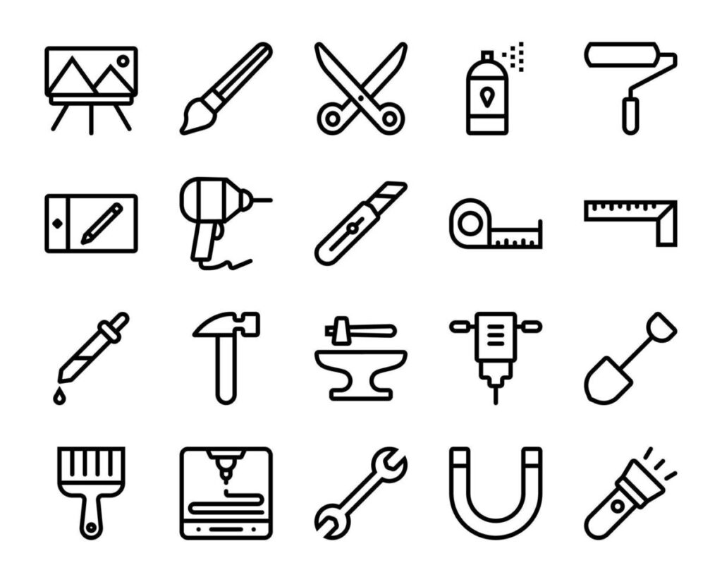 Set of creative tool icons, Set of creative tools collection in black color, Design elements for your projects. Vector creative tools illustration, creative tools icon, Set of tools icon collection Stock Free