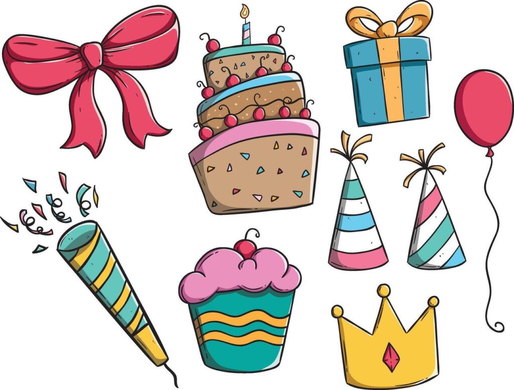 set of doodle birthday party icons or elements Stock Free