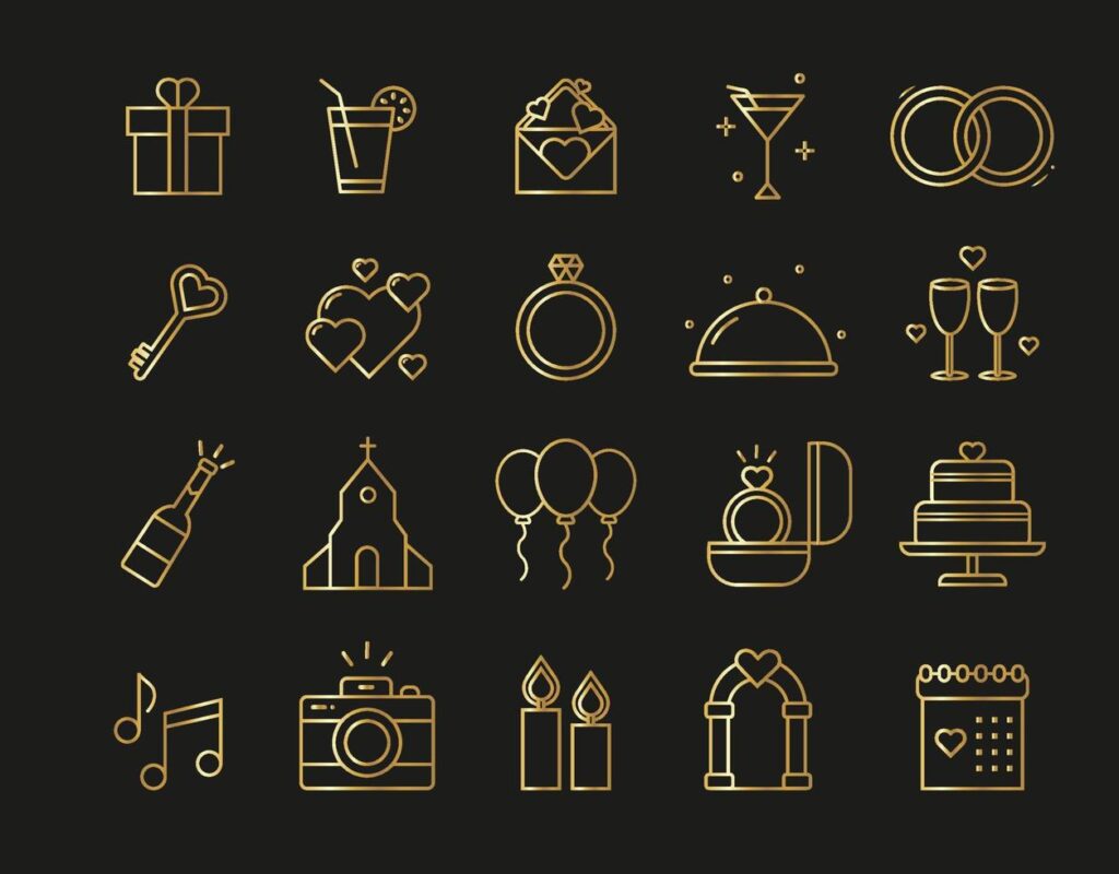 Set of gold line wedding icons Stock Free and Free SVG