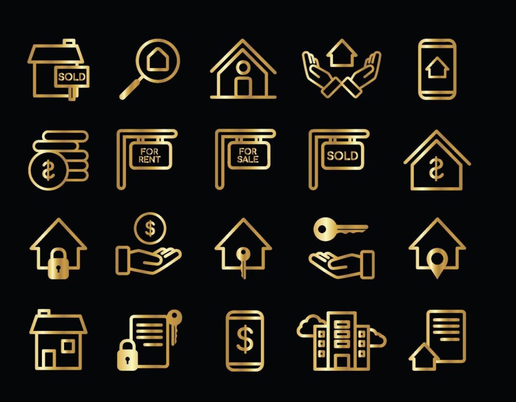 Set of gold real estate icons Stock Free and Free SVG