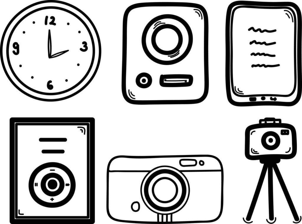 Set of hand drawn doodle icons of camera, alarm clock, smart phone, photo camera. Vector illustration Stock Free