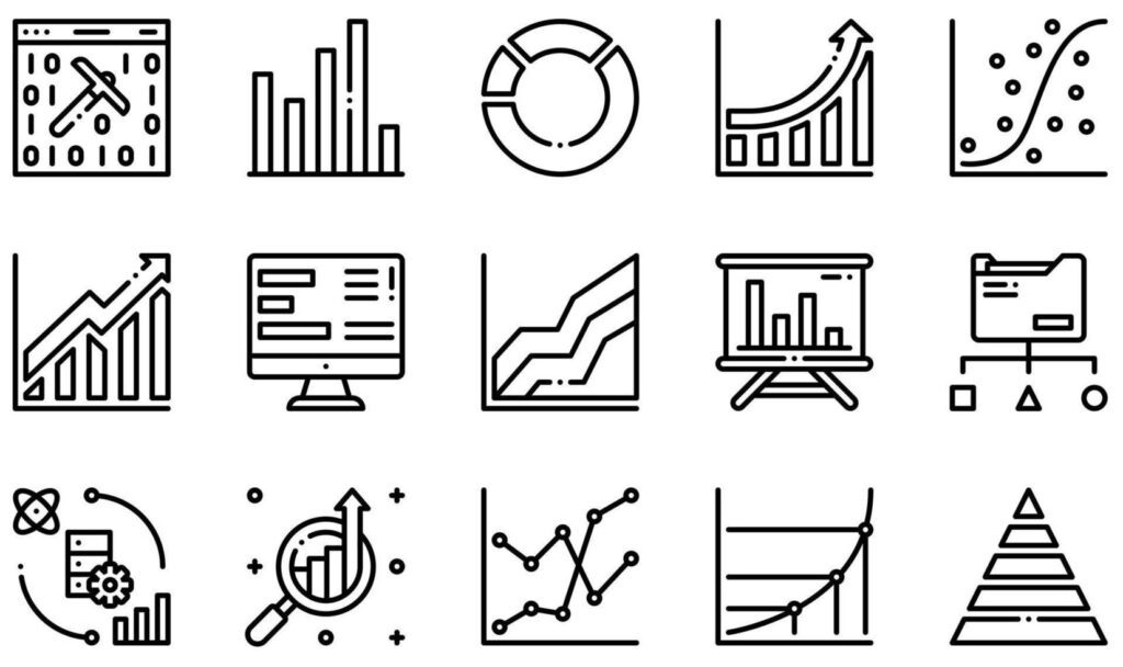 Set of Vector Icons Related to Data Analysis. Contains such Icons as Mining , Bar Chart, Pie Chart, Growth Chart, Scatter Plot, Data Report and more. Stock Free