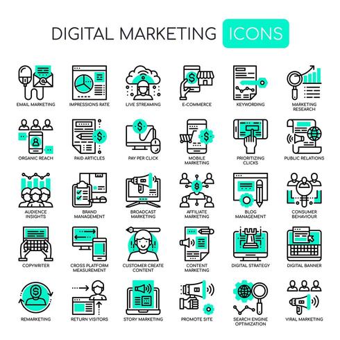 Set of Monochrome Thin Line Digital Marketing Icons Stock Free