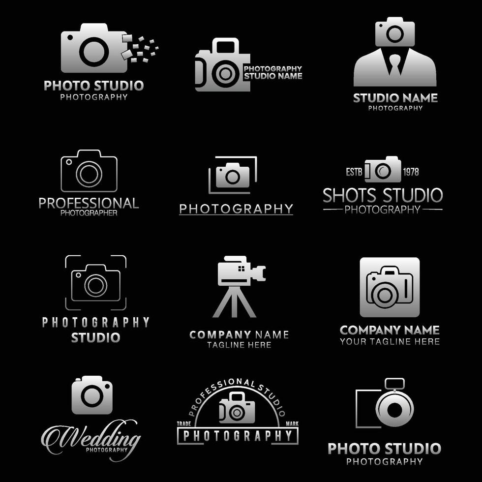 Set of silver photographers icons isolate on black background Stock Free and Free SVG