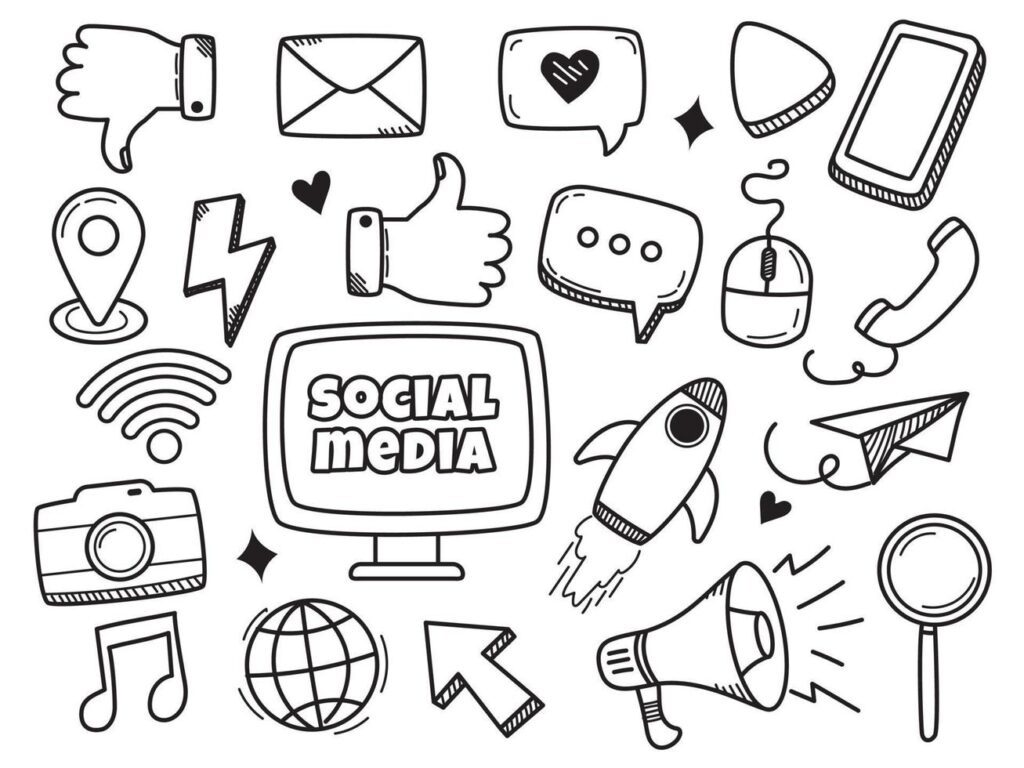 Set of social media doodles illustration with hand drawn style isolated on white background Stock Free