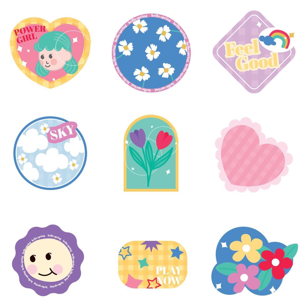 Set of spring patches cute colourful badges fun cartoon icons design vector Stock Free