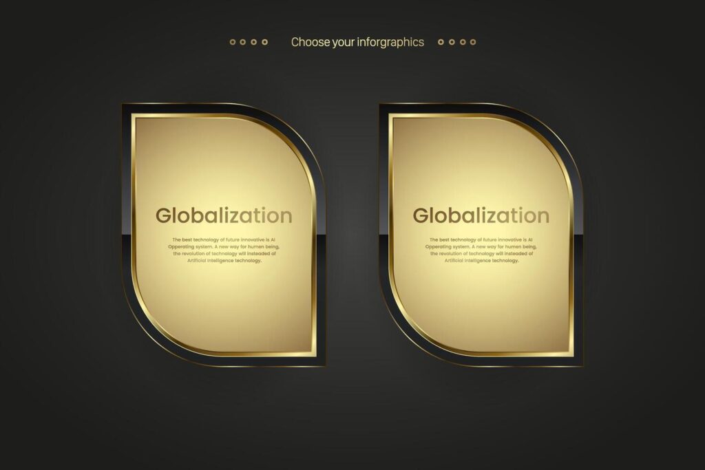 Set of two premium buttons infographic. Two golden icon on dark gradient background, a Gold luxury icons, two golden name plate. Vector illustration Stock Free