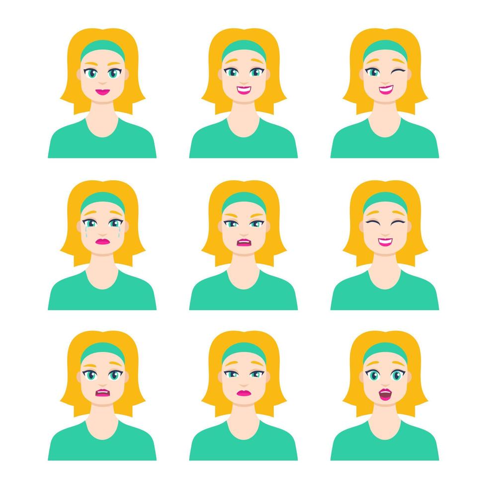 Set of young female icon with emotions in cartoon style. Girl blonde avatar profile with facial expression. Characters portraits in bright colors. Isolated vector illustration in flat design Stock Free