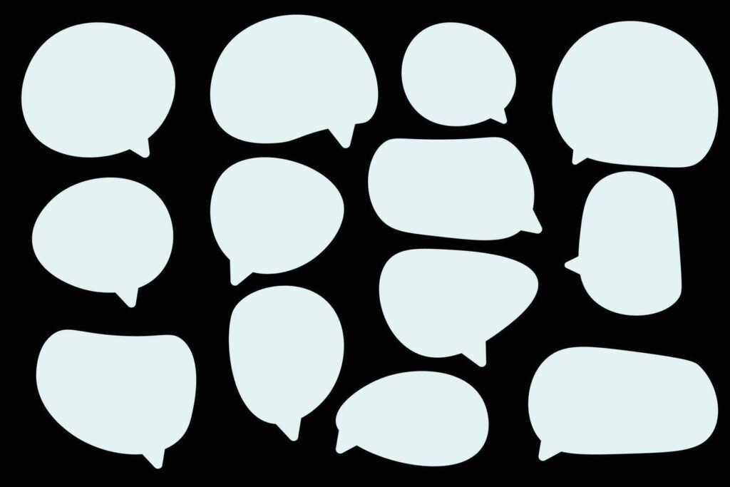 Set speech bubbles on black background. chat box or chat square and doodle message or communication icon Cloud speaking for comics and minimal message dialog Stock Free