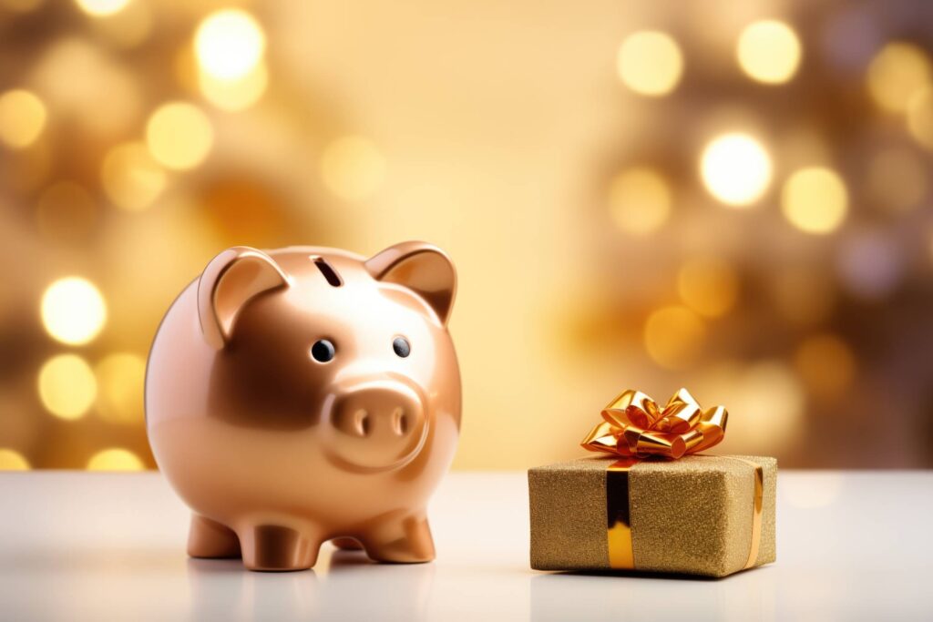 Shopping Christmas Presents on Budget Piggy Bank Stock Free