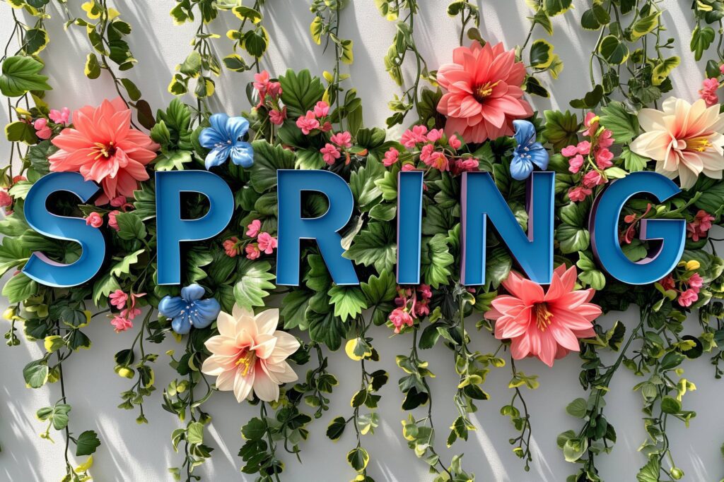 Sign with the Word SPRING and Beautiful Flowers Stock Free