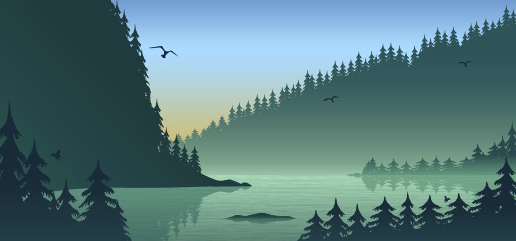 Silhouette forest landscape, flat design with gradient, vector illustration background Free Vector