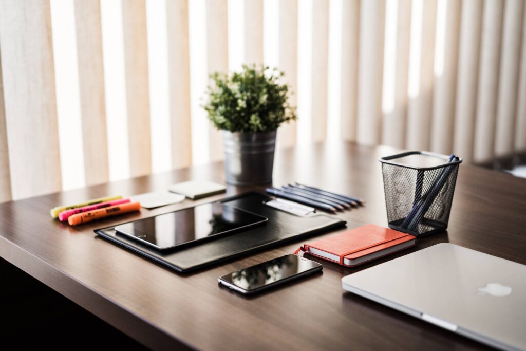 Simple Minimalistic Home Office with Equipment on Wooden Desk Free Photo