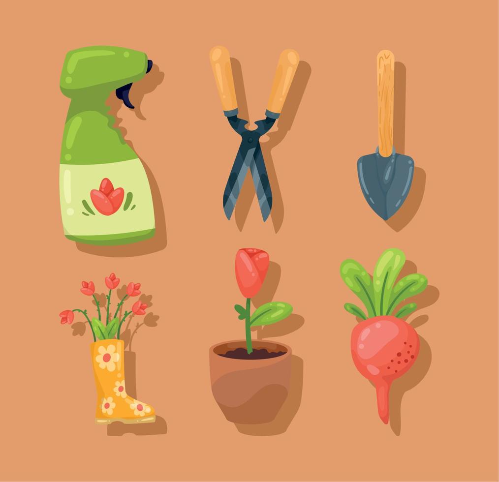 six gardening accessories icons Stock Free