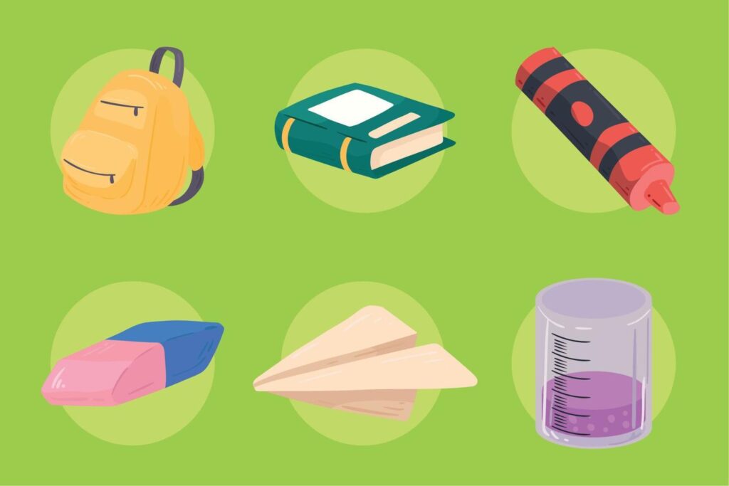 six school supplies icons Stock Free