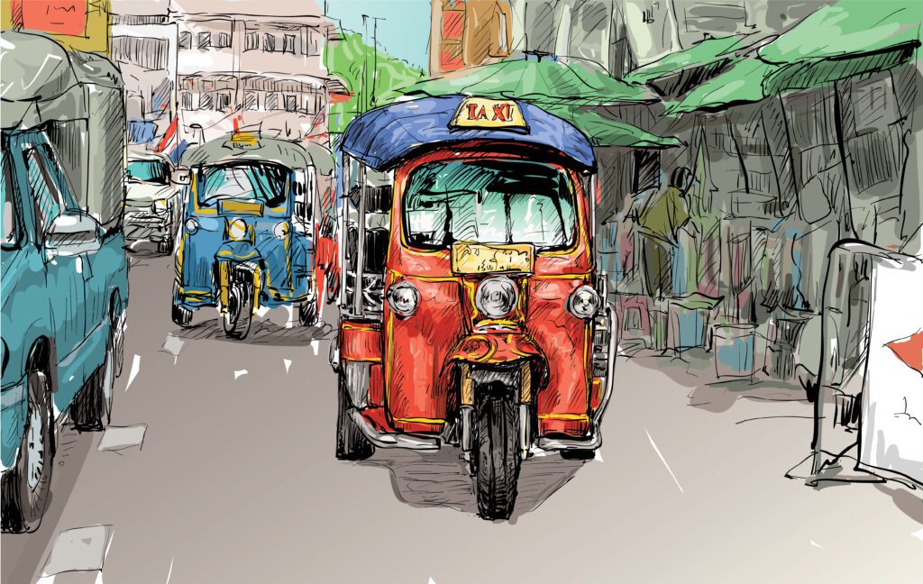 Sketch of a auto rickshaw in a city background Free Vector