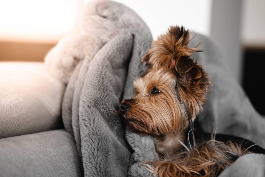 Sleepy Yorkshire Terrier Jessie Relaxing on a Fluffy Blanket Free Photo