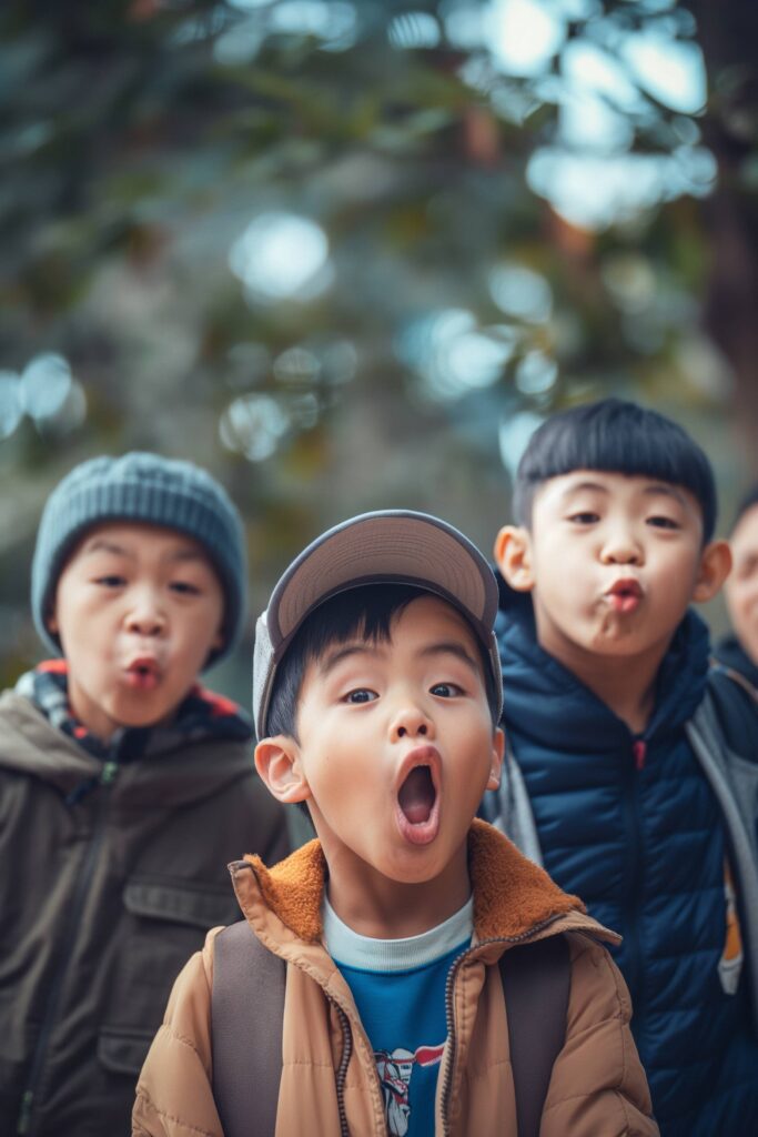 Small Japanese Children Making Funny Faces Stock Free