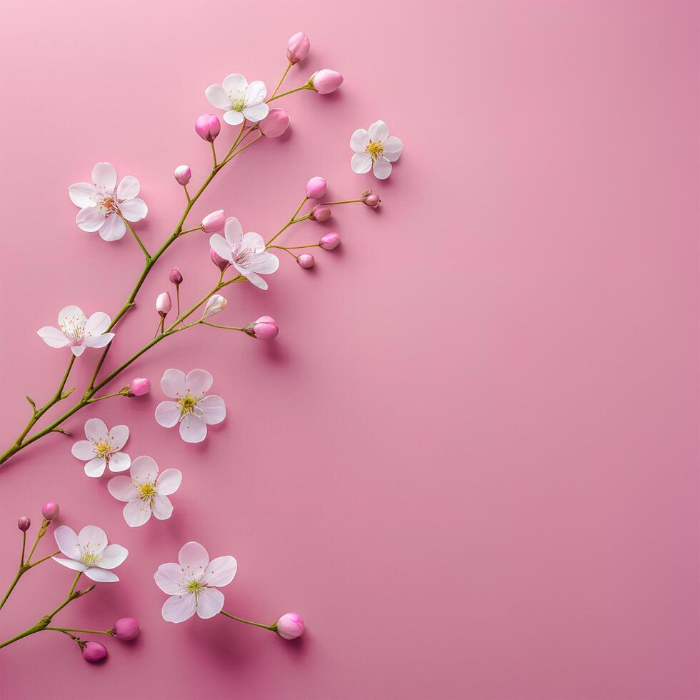 Small white soft flowers on blank red pink background with copy space. Cherry blossom bouquet in spring by Stock Free