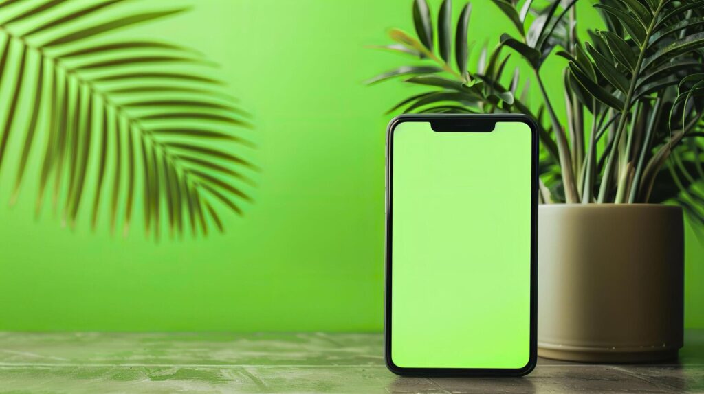 Smartphone with green screen on wooden table and green wall background. Stock Free