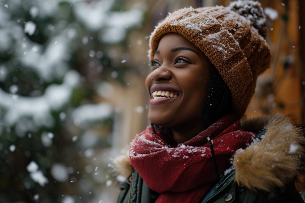 Smiling African Woman in Winter Hat Enjoying Winter Time Stock Free