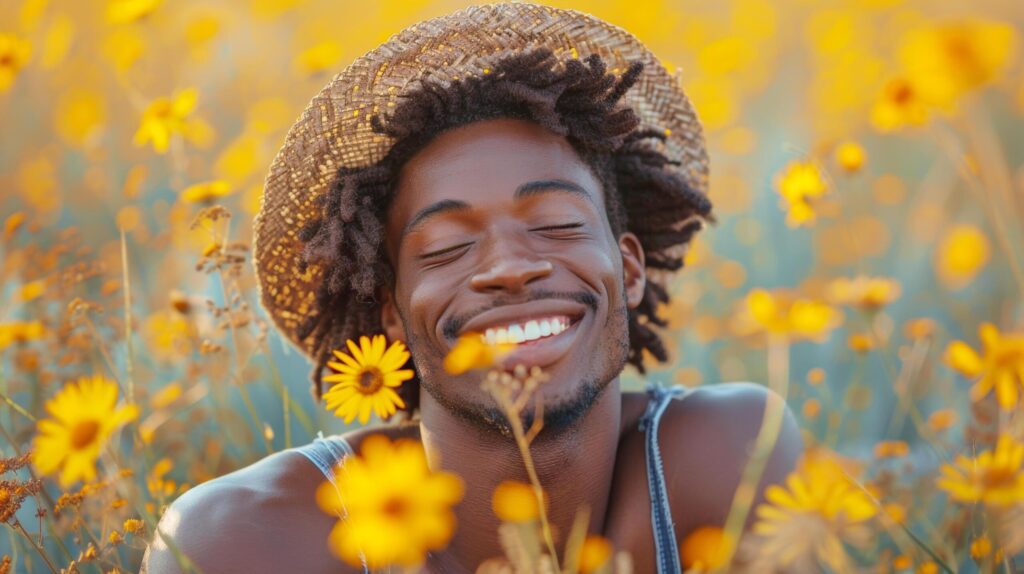 Smiling Afro African American man is enjoying life in meadows flowers field for good mental health and homeopathy. AI-Generated Free Photo