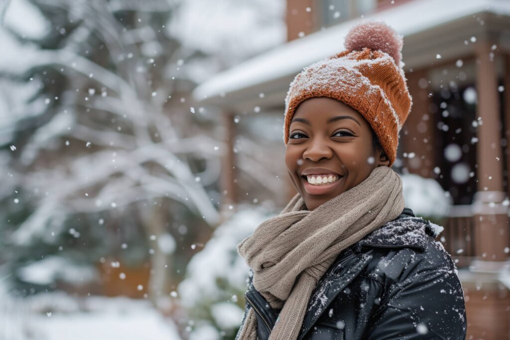 Smiling Black Woman in Winter Hat During Snowfall in front of Her Home Stock Free