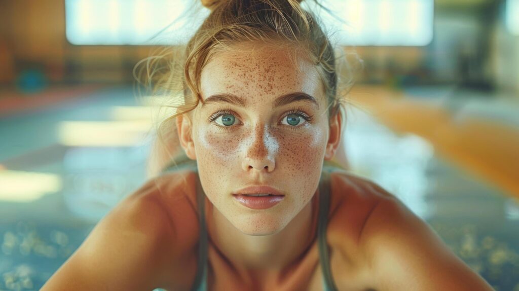 Smiling Caucasian girl teenage athlete doing a complicated gymnastics at gym and swimming pool. Sportswoman preparing for competition. AI-Generated Free Photo