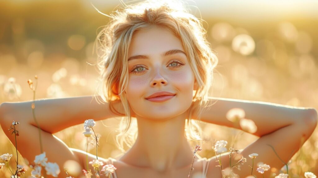 smiling Caucasian teenage girl relaxing for spread arms in flower field and natural sunlight for good mental health and homeopathy with sky in sunset. AI-Generated Free Photo