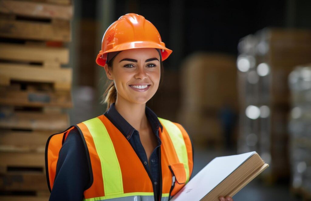 Smiling Female Warehouse Worker Holding Clipboard In Busy Industrial Setting Stock Free