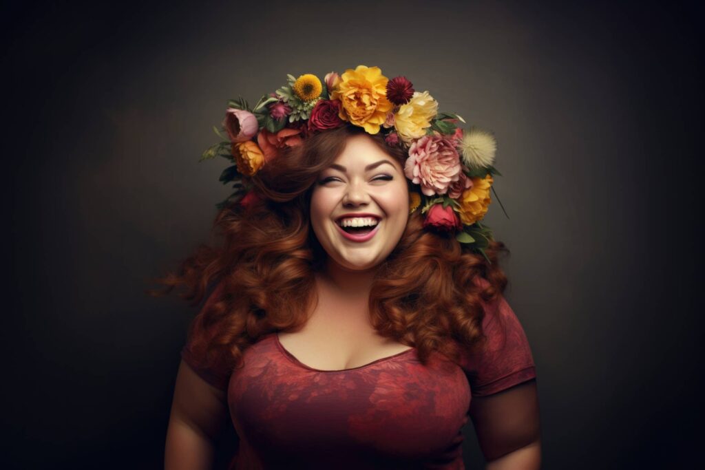 Smiling Happy Plus Size Woman with Flower Headband Stock Free