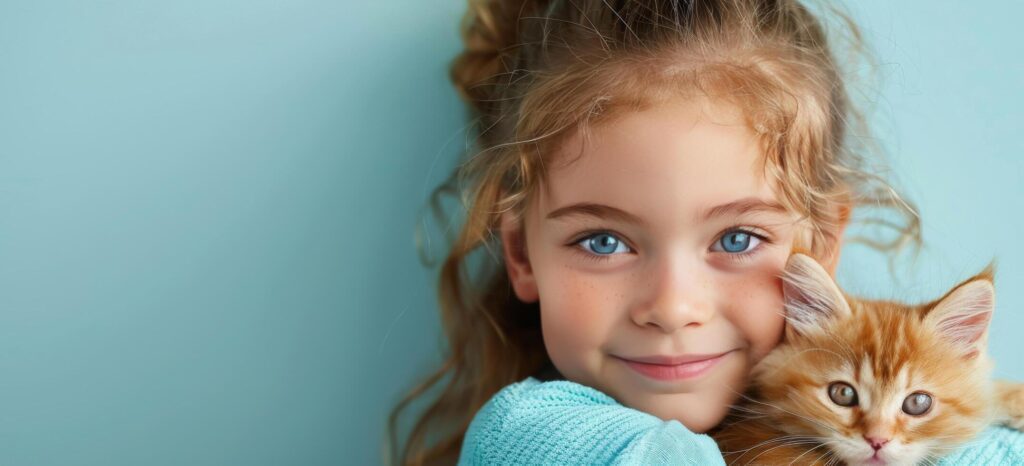 Smiling Young Girl Holding a Ginger Kitten Against a Light Blue Background Stock Free