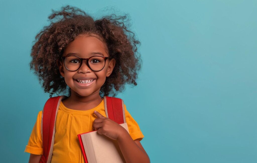 Smiling Young Girl Wearing Glasses Holds Textbook Against Blue Background Stock Free