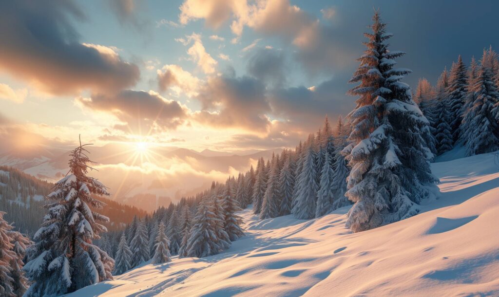 Snowy Mountain Scenery with Setting Sun and Clouds Stock Free