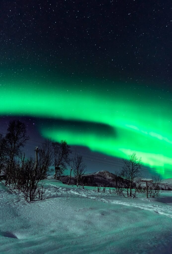 Snowy Trail leading to the Mountains with Northernlights Free Photo