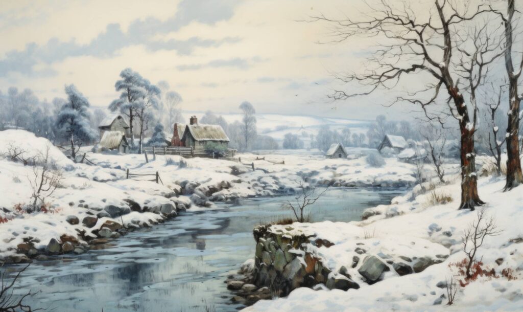 Snowy Winter Scenery Beautiful Village and River Romantic Painting Stock Free