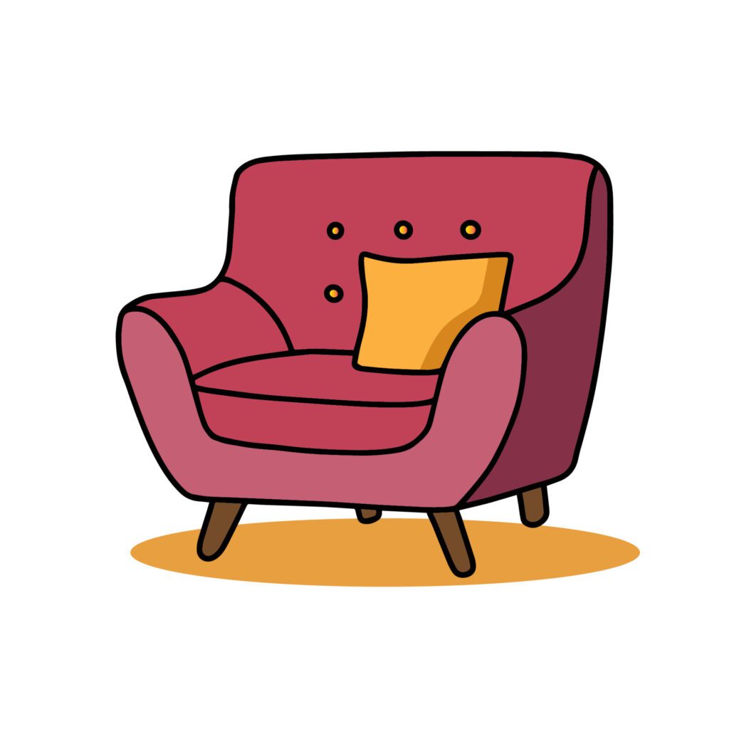 Sofa, Armchair, settee or Comfortable couch red colorful cartoon for interior design. Hand drawn object Illustration vector isolated on white background. Free Vector and Free SVG