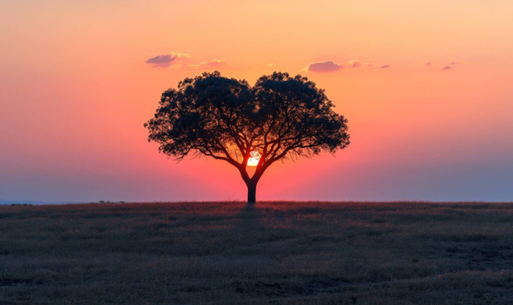 Solitary Tree Against Setting Sun Stock Free