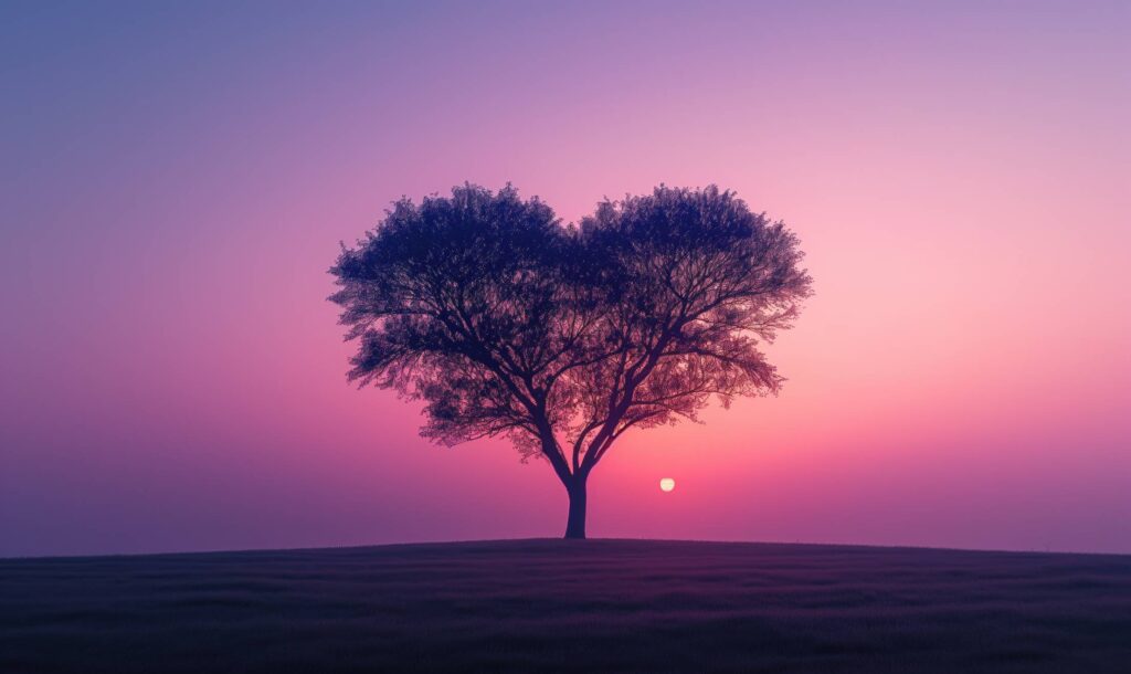 Solitary Tree Silhouette in Love Heart Shape with Violet Sunset Sky Stock Free