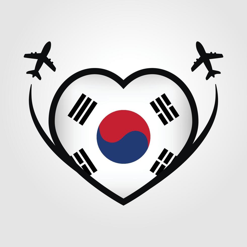 South Korea Travel Heart Flag With Airplane Icons Stock Free