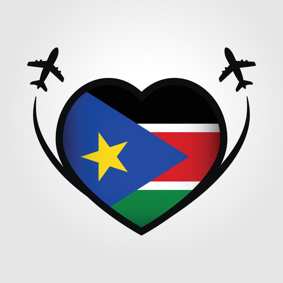 South Sudan Travel Heart Flag With Airplane Icons Stock Free