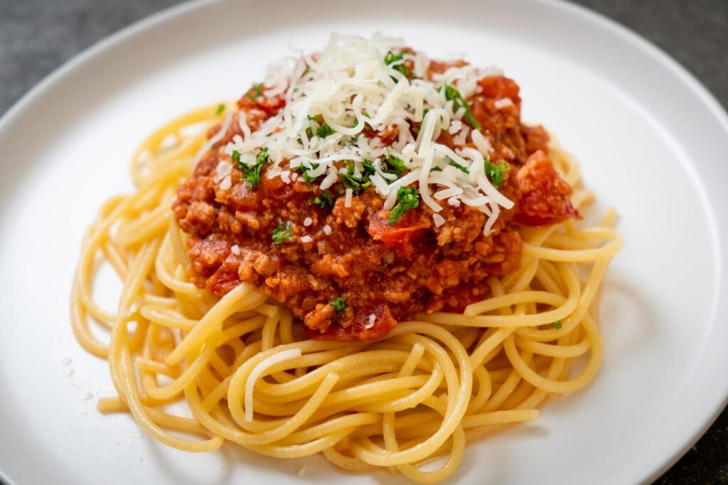 
									Spaghetti bolognese pork or spaghetti with minced pork tomato sauce – Italian food style Stock Free