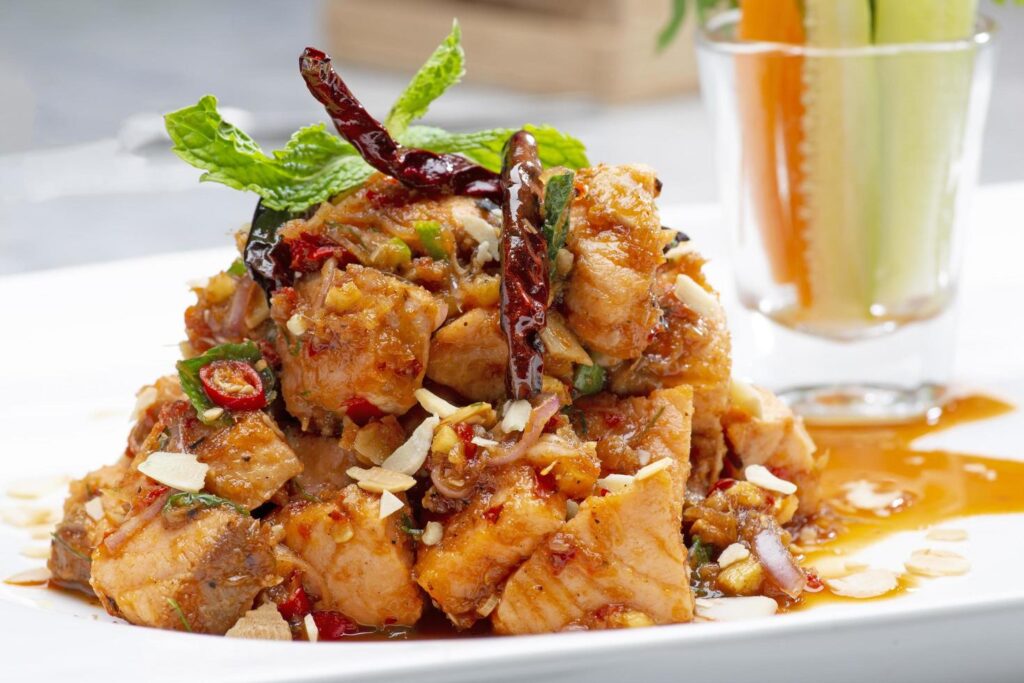 Spicy barbecued fish salad,Thai food, spicy, delicious local flavor.soft focus. Stock Free