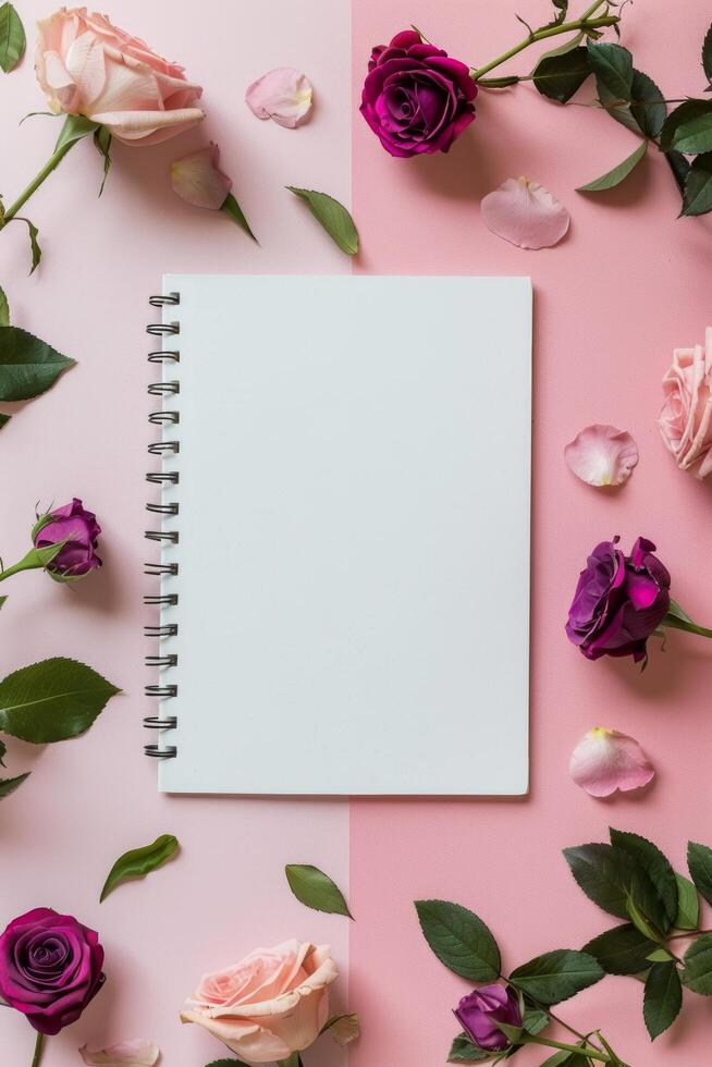 Spiral Notebook Surrounded by Flowers on Pink Background Stock Free