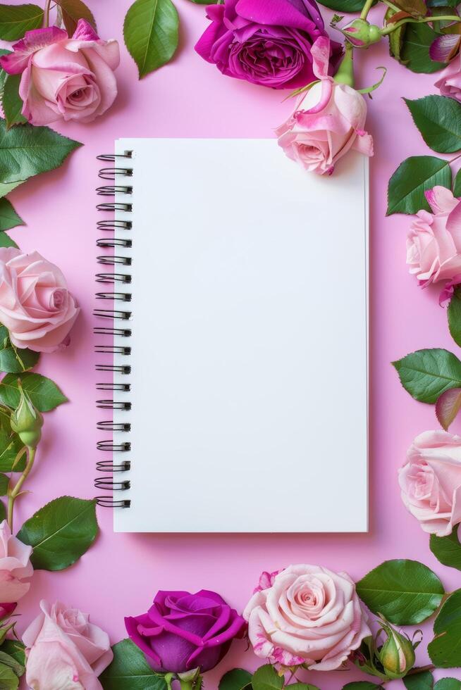 Spiral Notebook Surrounded by Pink Roses on Pink Background Stock Free